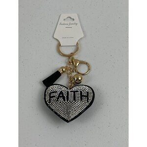 Rhinestone Faith Heart Keychain Lead Safe With Tassel & Gold Clip